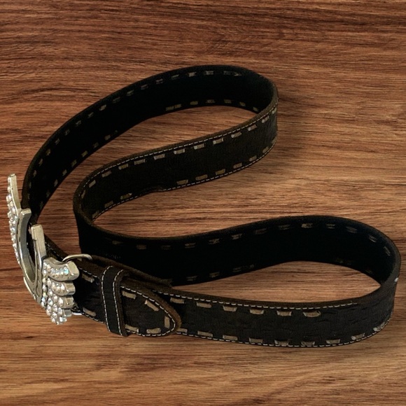 Vintage Etched Leather Rhinestone Horseshoe Black Belt w/Detachable Hardware XL - Picture 9 of 10